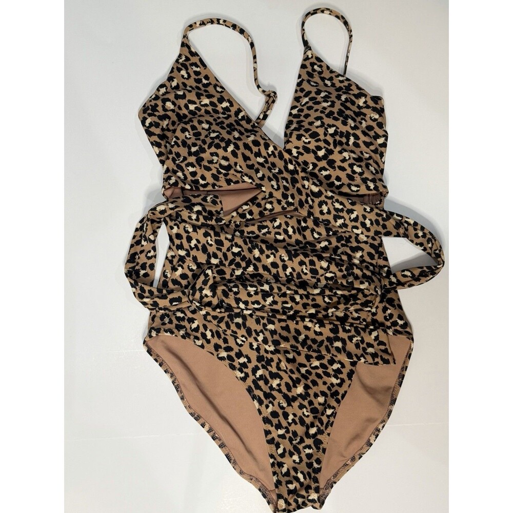 Aerie Full Coverage Leopard Print One Piece Wrap Swimsuit Size Small Long